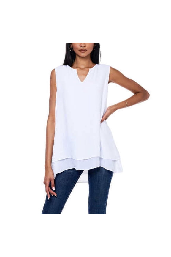 Womens Sleeveless Tunic V Neck Flowy Double Layer Tank (White, X-Small)