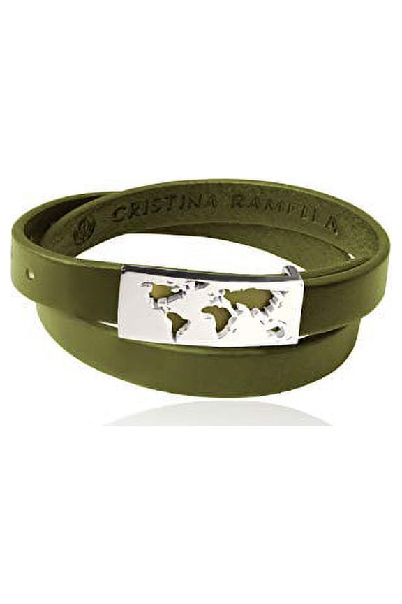 , Unisex Map Leather Band Bracelet Bangle, Green, Rhodium Plated Stainless Steel, Adjustable, 39 cm Total Length | World Inspired Jewelry