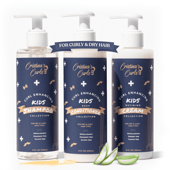 Cristina's Curls Hair Care Bundle Set with Kids Shampoo, Conditioner and Cream, Designed For Curly, Frizzy & Wavy Hair | Gentle, All-Natural, Sulfate & Paraben-Free | 3 Piece Set