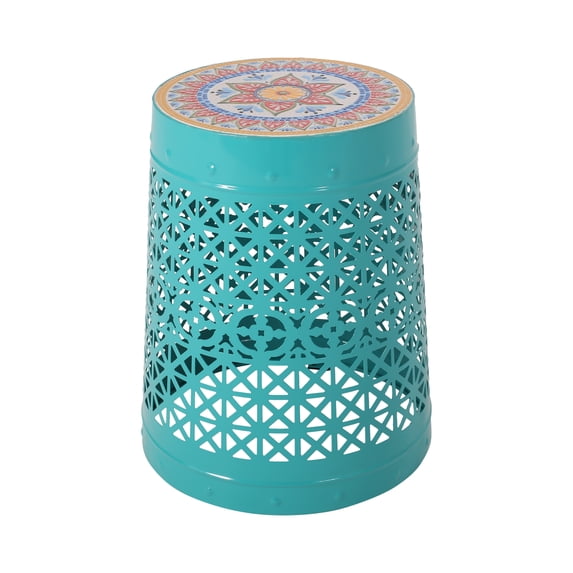 Cristino Outdoor Iron Side Table, Teal, Multi-Color