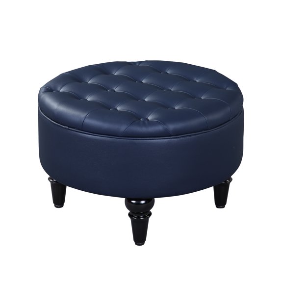Cristo Transitional 24" Round Storage Ottoman Footstool, Blue Vinyl