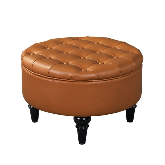 Cristo Transitional 24" Round Storage Ottoman Footstool, Brown Vinyl