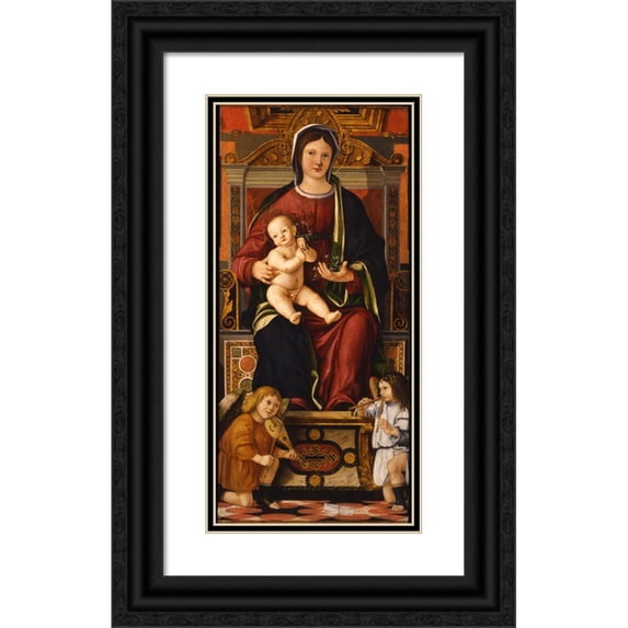 Cristoforo Caselli 13x24 Black Ornate Framed Double Matted Museum Art Print Titled: The Virgin and Child Enthroned with Two Musician Angels (1507 - 1510)