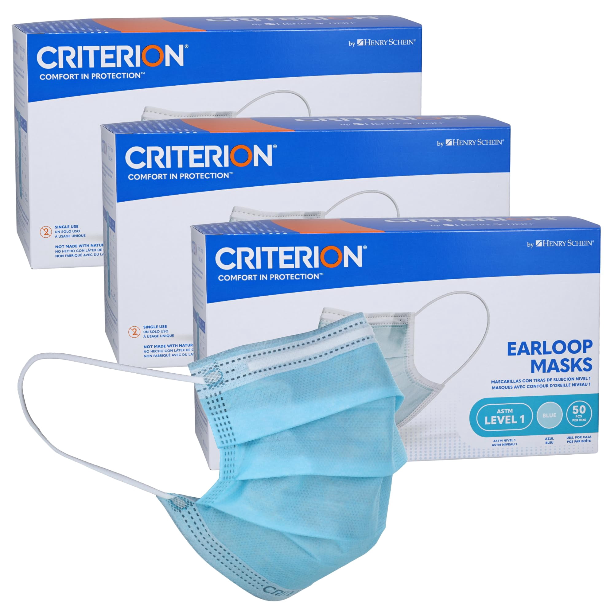 Criterion ASTM Level 1 Disposable Face Mask, Adult Size, Blue, 3-Ply, Fluid Resistant, Latex-Free, Flat Earloops, Adjustable Nose Piece, 50/Box - 3 Boxes (150 Total Masks)