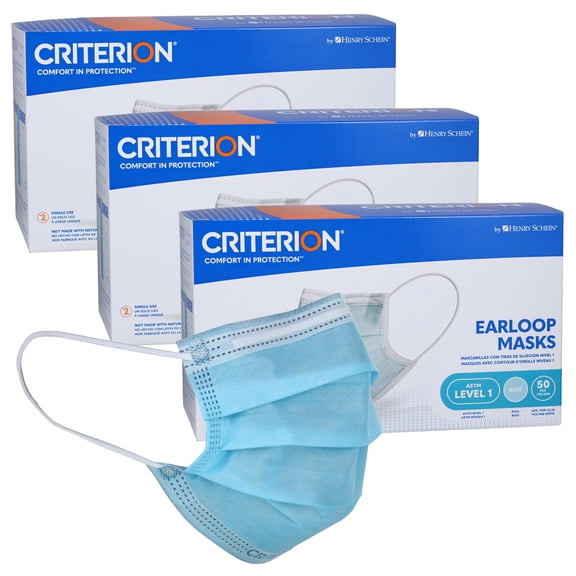 Criterion ASTM Level 1 Disposable Face Mask, Adult Size, Blue, 3-Ply, Fluid Resistant, Latex-Free, Flat Earloops, Adjustable Nose Piece, 50/Box - 3 Boxes (150 Total Masks)