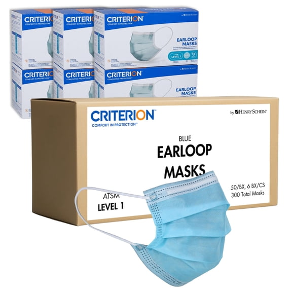 Criterion ASTM Level 1 Disposable Face Mask, Adult Size, Blue, 3-Ply, Fluid Resistant, Latex-Free, Flat Earloops, Adjustable Nose Piece, 50/Box - 6 Boxes (300 Total Masks)