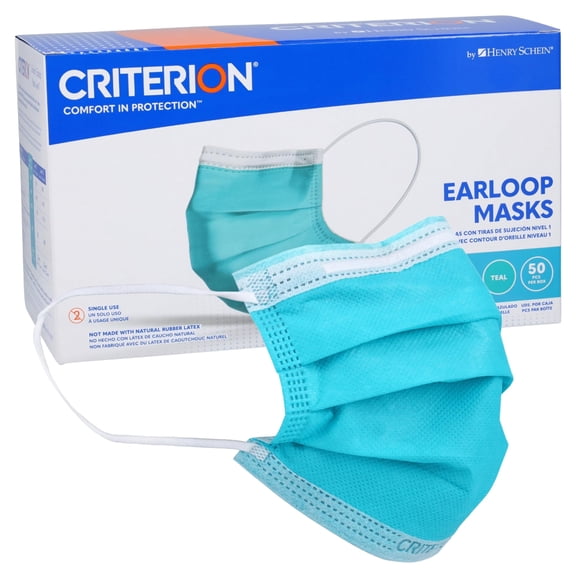 Criterion ASTM Level 1 Disposable Face Mask, Adult Size, Teal, 3-Ply, Fluid Resistant, Latex-Free, Flat Earloops, Adjustable Nose Piece, 50/Box