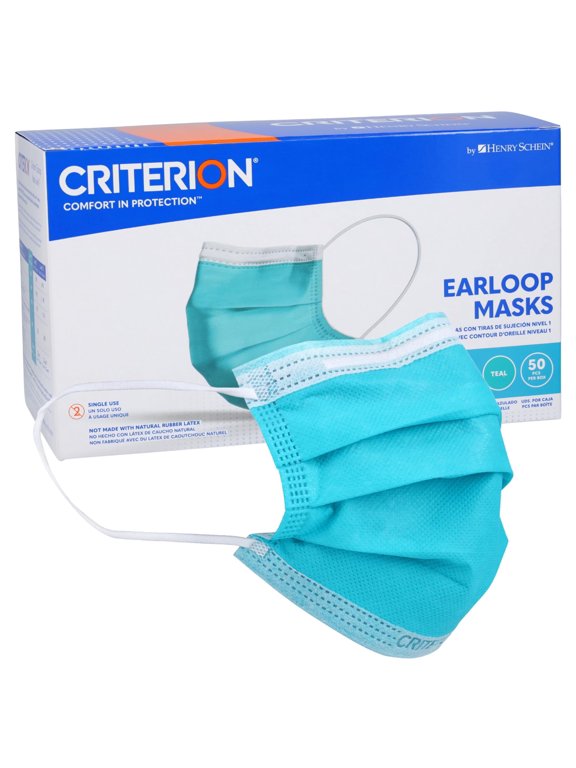 ASTM Level 1 Disposable Face Mask, Adult Size, Teal, 3-Ply, Fluid Resistant, Latex-Free, Flat Earloops, Adjustable Nose Piece, 50/Box