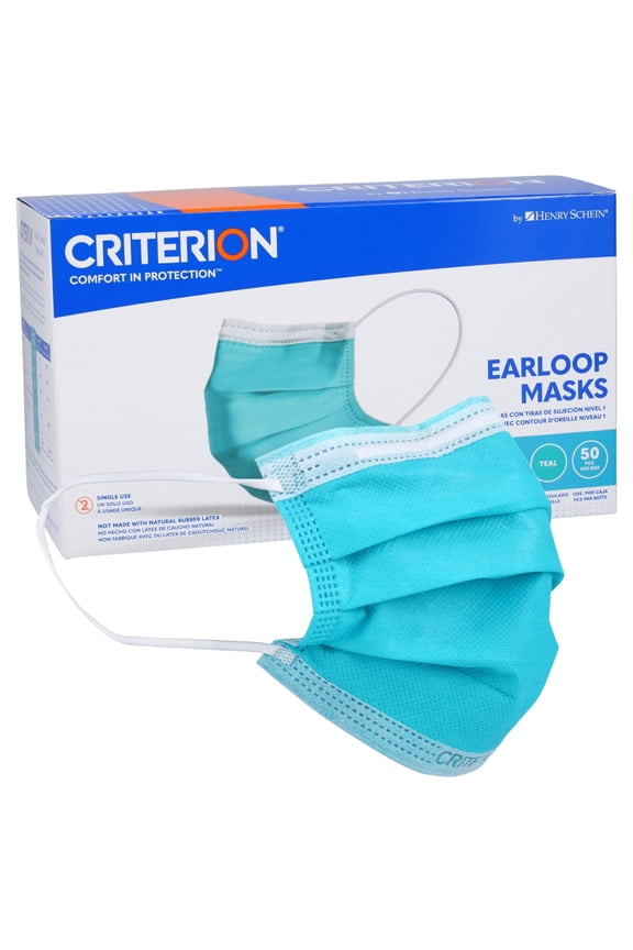 ASTM Level 1 Disposable Face Mask, Adult Size, Teal, 3-Ply, Fluid Resistant, Latex-Free, Flat Earloops, Adjustable Nose Piece, 50/Box
