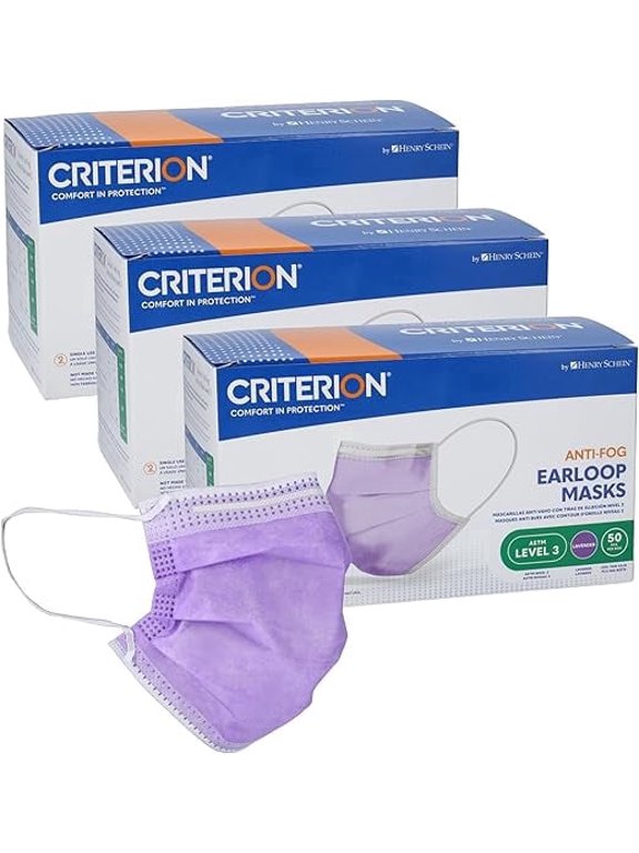 ASTM Level 3 Disposable Face Mask – Anti-Fog, Lavender, 3-Ply, Fluid Resistant, Latex-Free, Flat Earloops, Adult, 50/Box - 3 Boxes (150 Total Masks)