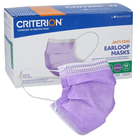 Criterion ASTM Level 3 Disposable Face Mask – Anti-Fog, Lavender, 3-Ply, Fluid Resistant, Latex-Free, Flat Earloops, Adult, 50/Box
