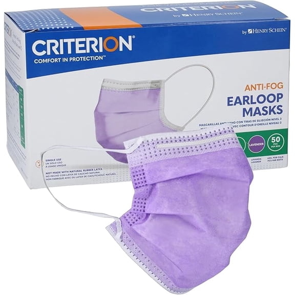 Criterion ASTM Level 3 Disposable Face Mask – Anti-Fog, Lavender, 3-Ply, Fluid Resistant, Latex-Free, Flat Earloops, Adult, 50/Box