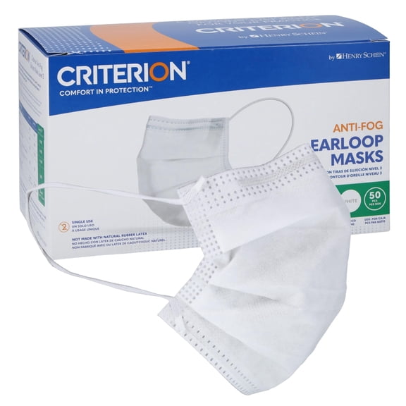 Criterion ASTM Level 3 Disposable Face Mask – Anti-Fog, White, Mask, 3-Ply, Fluid Resistant, Latex-Free, Flat Earloops, Adult, 50/Box