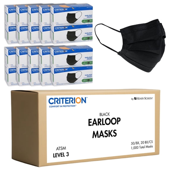 Criterion ASTM Level 3 Disposable Face Mask – Black, 3-Ply, Fluid Resistant, Latex-Free, Flat Earloops, Adult, 50/Box - 20 Boxes (1,000 Total Masks)