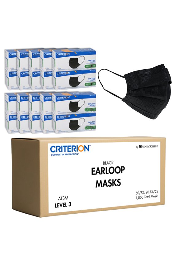 ASTM Level 3 Disposable Face Mask – Black, 3-Ply, Fluid Resistant, Latex-Free, Flat Earloops, Adult, 50/Box - 20 Boxes (1,000 Total Masks)