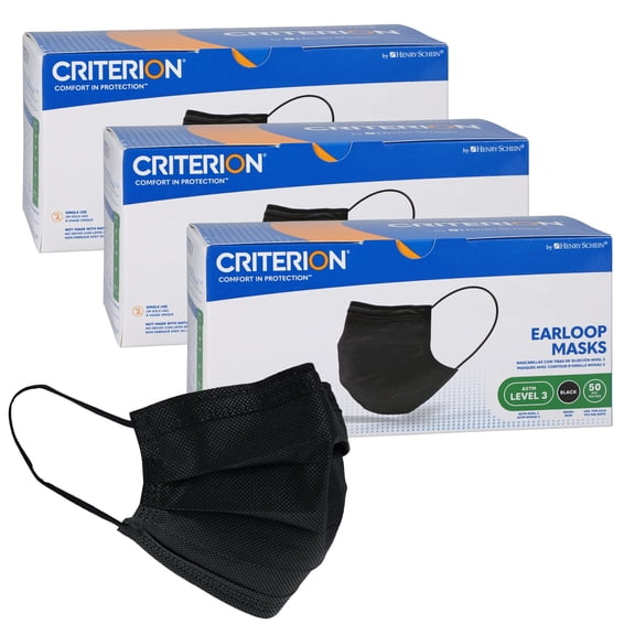 Criterion ASTM Level 3 Disposable Face Mask – Black, 3-Ply, Fluid Resistant, Latex-Free, Flat Earloops, Adult, 50/Box - 3 Boxes (150 Total Masks)