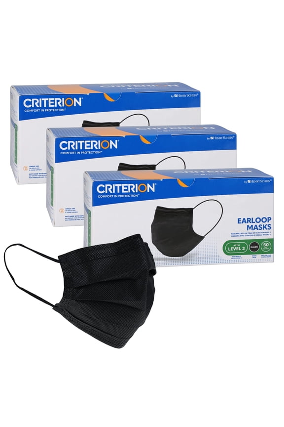 ASTM Level 3 Disposable Face Mask – Black, 3-Ply, Fluid Resistant, Latex-Free, Flat Earloops, Adult, 50/Box - 3 Boxes (150 Total Masks)