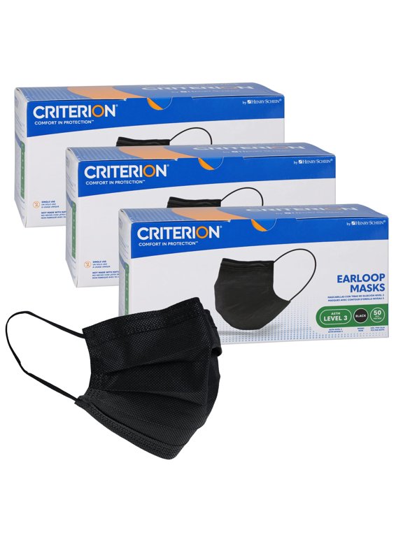 ASTM Level 3 Disposable Face Mask – Black, 3-Ply, Fluid Resistant, Latex-Free, Flat Earloops, Adult, 50/Box - 3 Boxes (150 Total Masks)