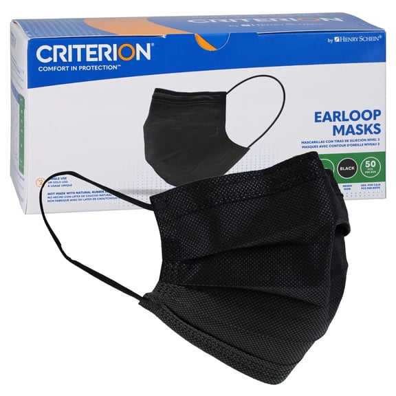 Criterion ASTM Level 3 Disposable Face Mask – Black, 3-Ply, Fluid Resistant, Latex-Free, Flat Earloops, Adult, 50/Box