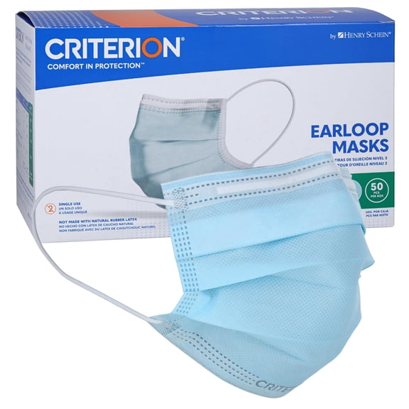 Criterion ASTM Level 3 Disposable Face Mask – Blue, 3-Ply, Fluid Resistant, Latex-Free, Flat Earloops, Adult, 50/Box