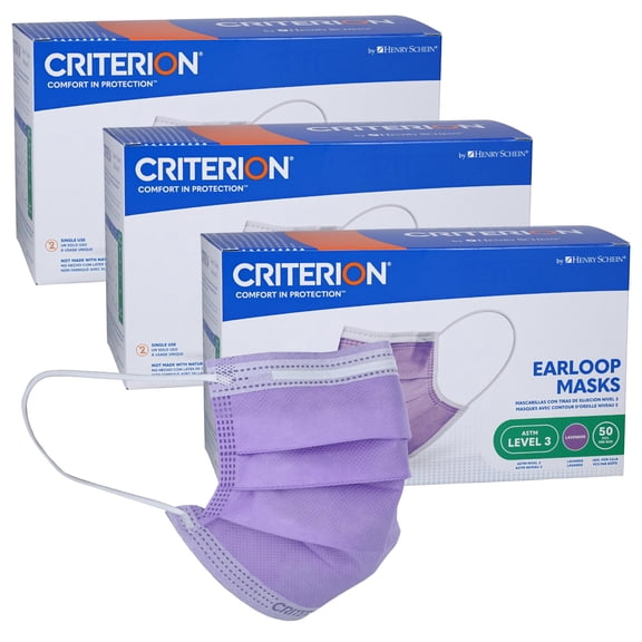 Criterion ASTM Level 3 Disposable Face Mask – Lavender, 3-Ply, Fluid Resistant, Latex-Free, Flat Earloops, Adult, 50/Box - 3 Boxes (150 Total Masks)