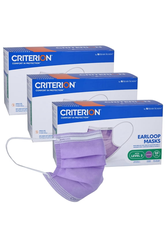 Criterion ASTM Level 3 Disposable Face Mask – Lavender, 3-Ply, Fluid Resistant, Latex-Free, Flat Earloops, Adult, 50/Box - 3 Boxes (150 Total Masks)