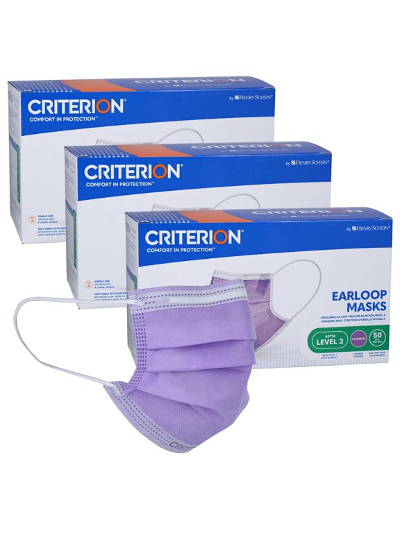 Criterion ASTM Level 3 Disposable Face Mask – Lavender, 3-Ply, Fluid Resistant, Latex-Free, Flat Earloops, Adult, 50/Box - 3 Boxes (150 Total Masks)