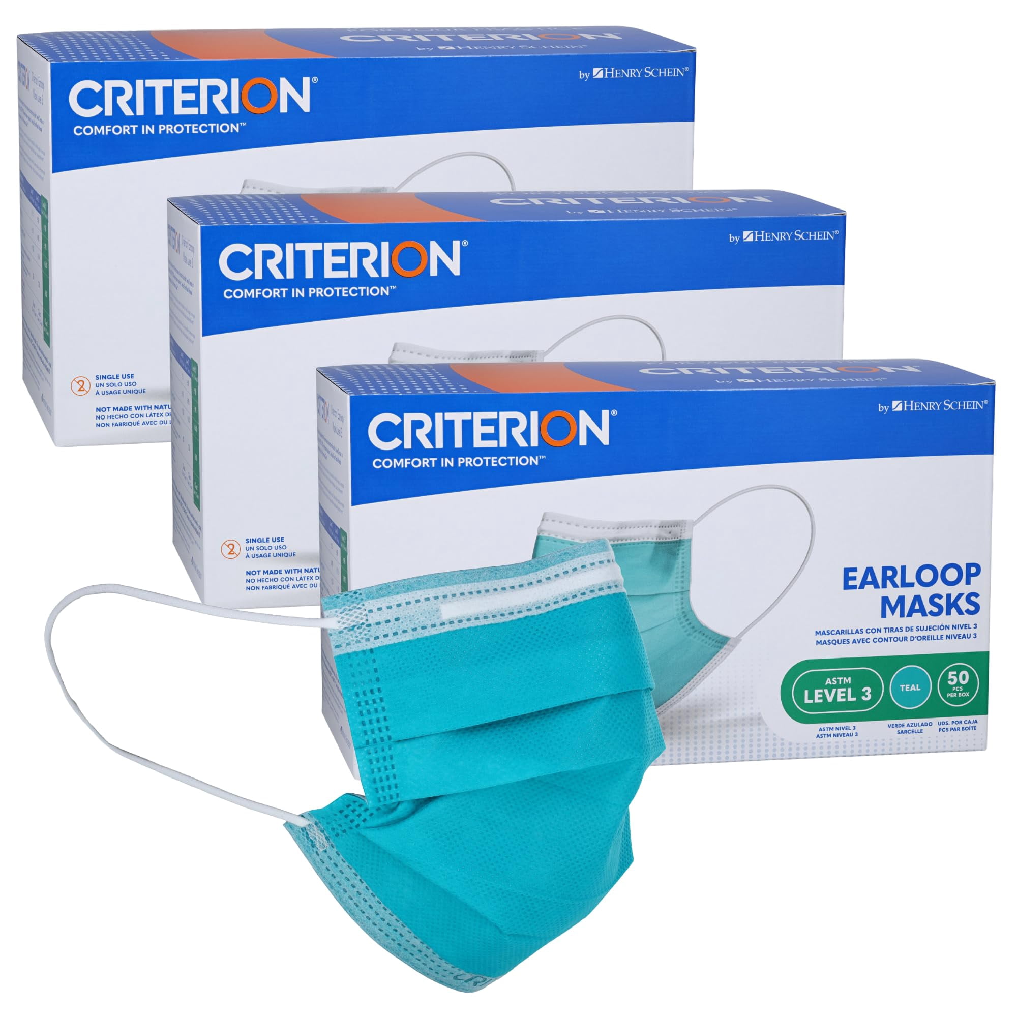 Criterion ASTM Level 3 Disposable Face Mask – Teal, 3-Ply, Fluid Resistant, Latex-Free, Flat Earloops, Adult, 50/Box - 3 Boxes (150 Total Masks)