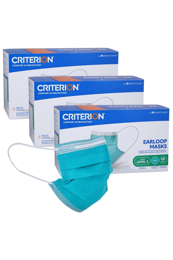 Criterion ASTM Level 3 Disposable Face Mask – Teal, 3-Ply, Fluid Resistant, Latex-Free, Flat Earloops, Adult, 50/Box - 3 Boxes (150 Total Masks)