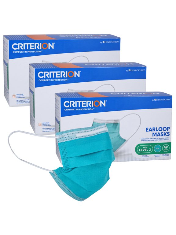 Criterion ASTM Level 3 Disposable Face Mask – Teal, 3-Ply, Fluid Resistant, Latex-Free, Flat Earloops, Adult, 50/Box - 3 Boxes (150 Total Masks)