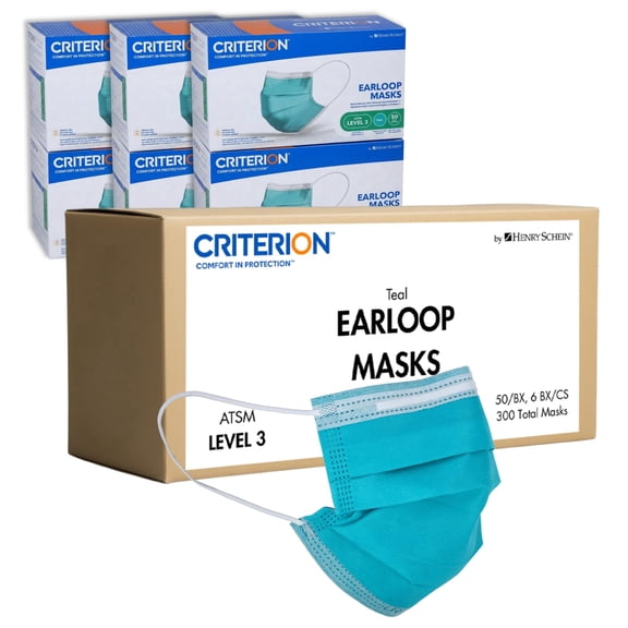 Criterion ASTM Level 3 Disposable Face Mask – Teal, 3-Ply, Fluid Resistant, Latex-Free, Flat Earloops, Adult, 50/Box - 6 Boxes (300 Total Masks)