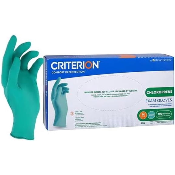 Criterion Chloroprene Exam Disposable Gloves, Non-Sterile, Latex-Free, Ambidextrous, 4.33 Mil, Green, Medium, 100 Count