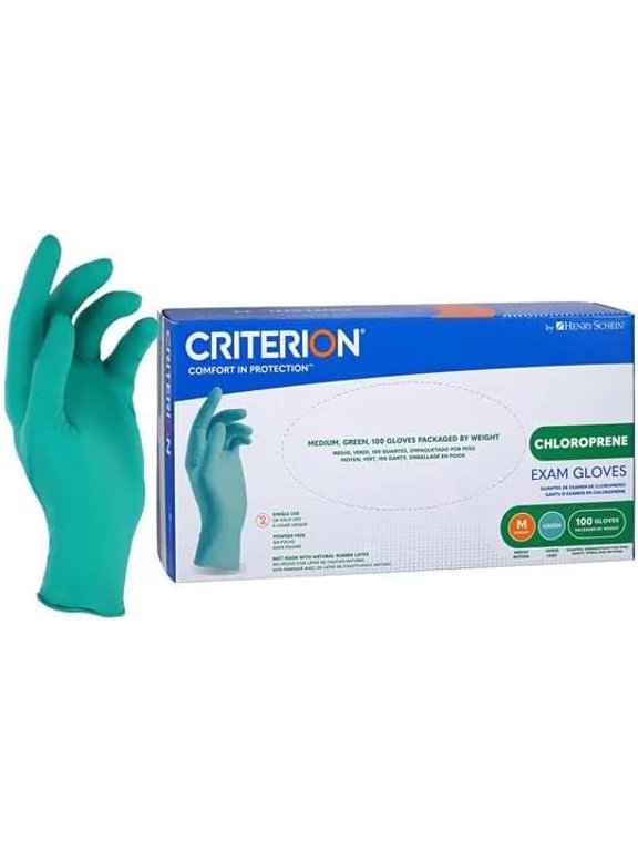 Chloroprene Exam Disposable Gloves, Non-Sterile, Latex-Free, Ambidextrous, 4.33 Mil, Green, Medium, 100 Count