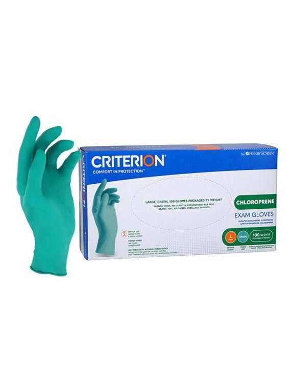 Chloroprene Exam Gloves - Non-Sterile, Disposable, Latex-Free, Ambidextrous, Textured Fingers, Polymer Coated Interior, 4.33 Mil Thickness - Medical Grade. Green. Large. 100/Box