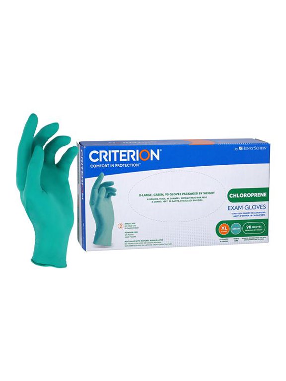 Chloroprene Exam Gloves - Non-Sterile, Disposable, Latex-Free, Ambidextrous, Textured Fingers, Polymer Coated Interior, 4.33 Mil Thickness - Medical Grade. Green. X-Large. 90/Box