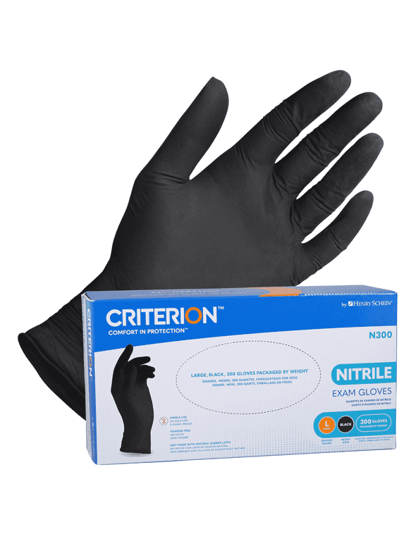N300 Nitrile Exam Gloves, Large, Black 300/Box, Latex-Free, Disposable, Textured Fingertips, Beaded Cuff, Non-Sterile, Ambidextrous
