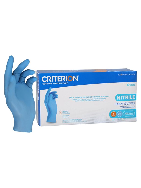 Criterion Nitrile Gloves, Large, Sky Blue, Latex Free, 200 Ct 3.15 Mil Finger Thickness, Chemo Tested, Chlorinated, Textured Fingertips, Beaded Cuff, Home, Medical and Cleaning use