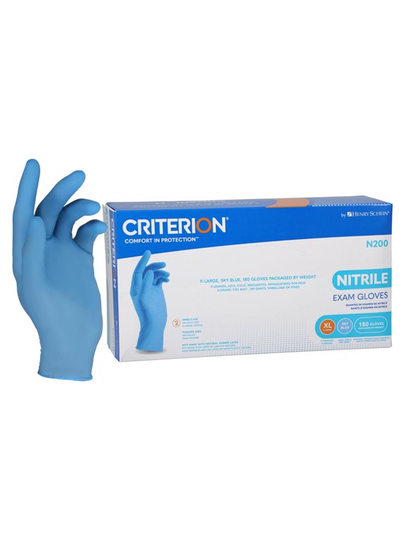 Criterion Nitrile Gloves, X-Large, Sky Blue, Latex Free, 180 Ct 3.15 Mil Finger Thickness, Chemo Tested, Chlorinated, Textured Fingertips, Beaded Cuff, Home, Medical and Cleaning use