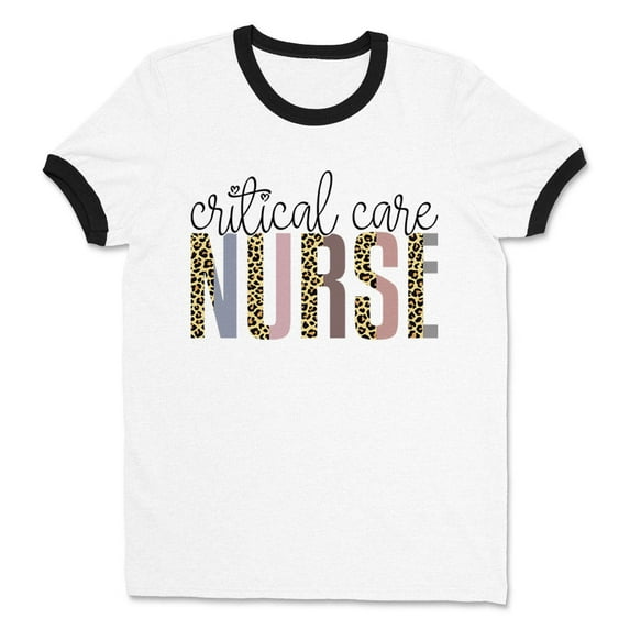Critical Care Nurse Leopard Print Ringer Tee Shirt Unisex Large White/Black