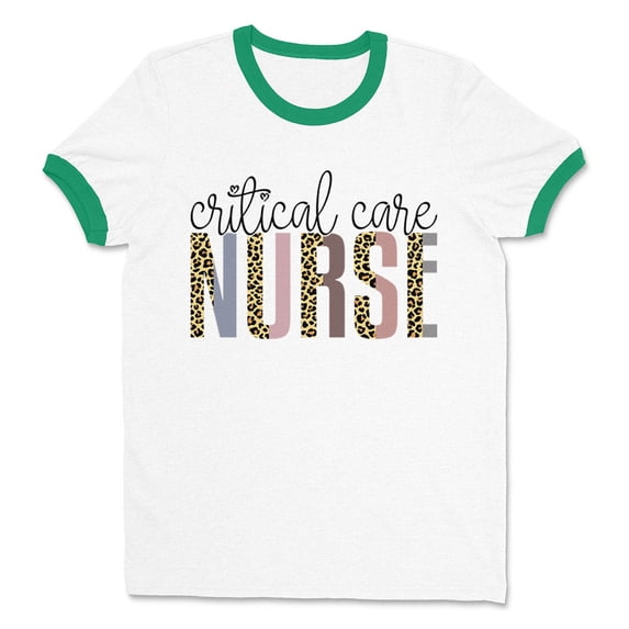 Critical Care Nurse Leopard Print Ringer Tee Shirt Unisex Medium White/Kelly Green
