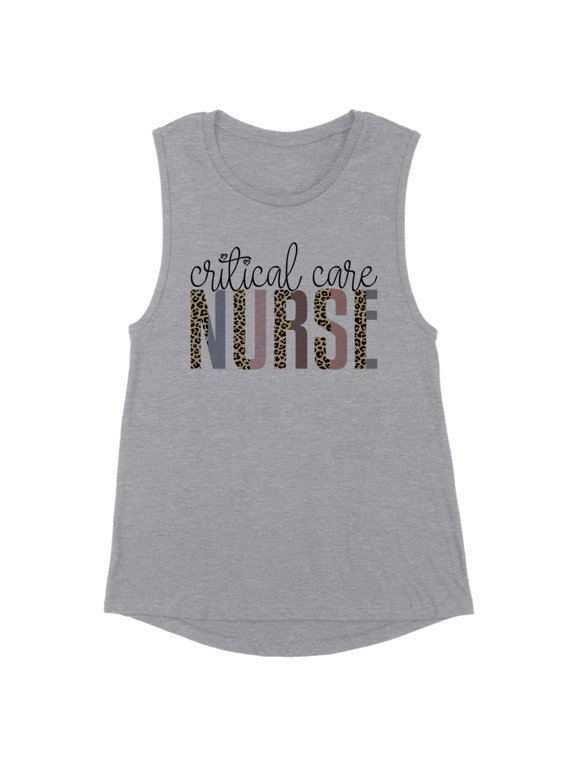 Critical Care Nurse Leopard Print Women's Muscle Tank Medium Heather Grey