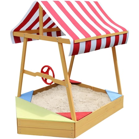 Critter Sitter Children's Wood Sand Box Boat with Red and White Striped Canopy, Wheel, and Bottom Liner - CSSB0103-NAT