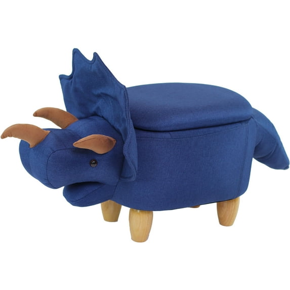 Critter Sitters 15-In. Seat Height Denim Blue Triceratops Dinosaur Animal-Shaped Storage Ottoman for Nursery, Bedroom, and Playroom