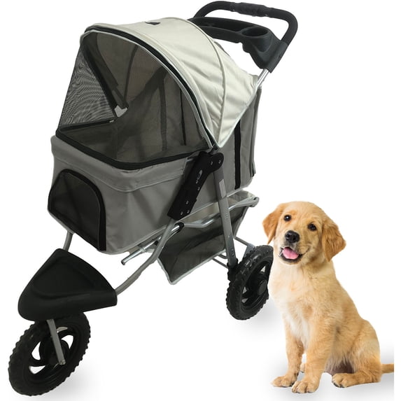 Critter Sitters 4-Wheeled All-Terrain Pet Stroller with Storage Basket, Light Grey