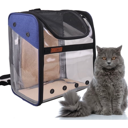 Critter Sitters Blue See-Through Pet Backpack for Small Dogs, Cats with Scratch Resistant Breathable Mesh Window | Airline Carry-On Approved | Safety Leash | Durable Transporation for Animals