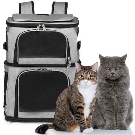 Critter Sitters Double Decker Grey Pet Backpack for Dogs/Cats with Scratch Resistant Mesh Windows