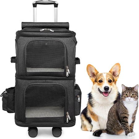 Critter Sitters Double Decker Rolling 4-Wheel Pet Backpack Suitcase for Small Dogs/Cats with Scratch Resistant Breathable Mesh Window | Safety Leash | Durable Transporation for Multiple Animals