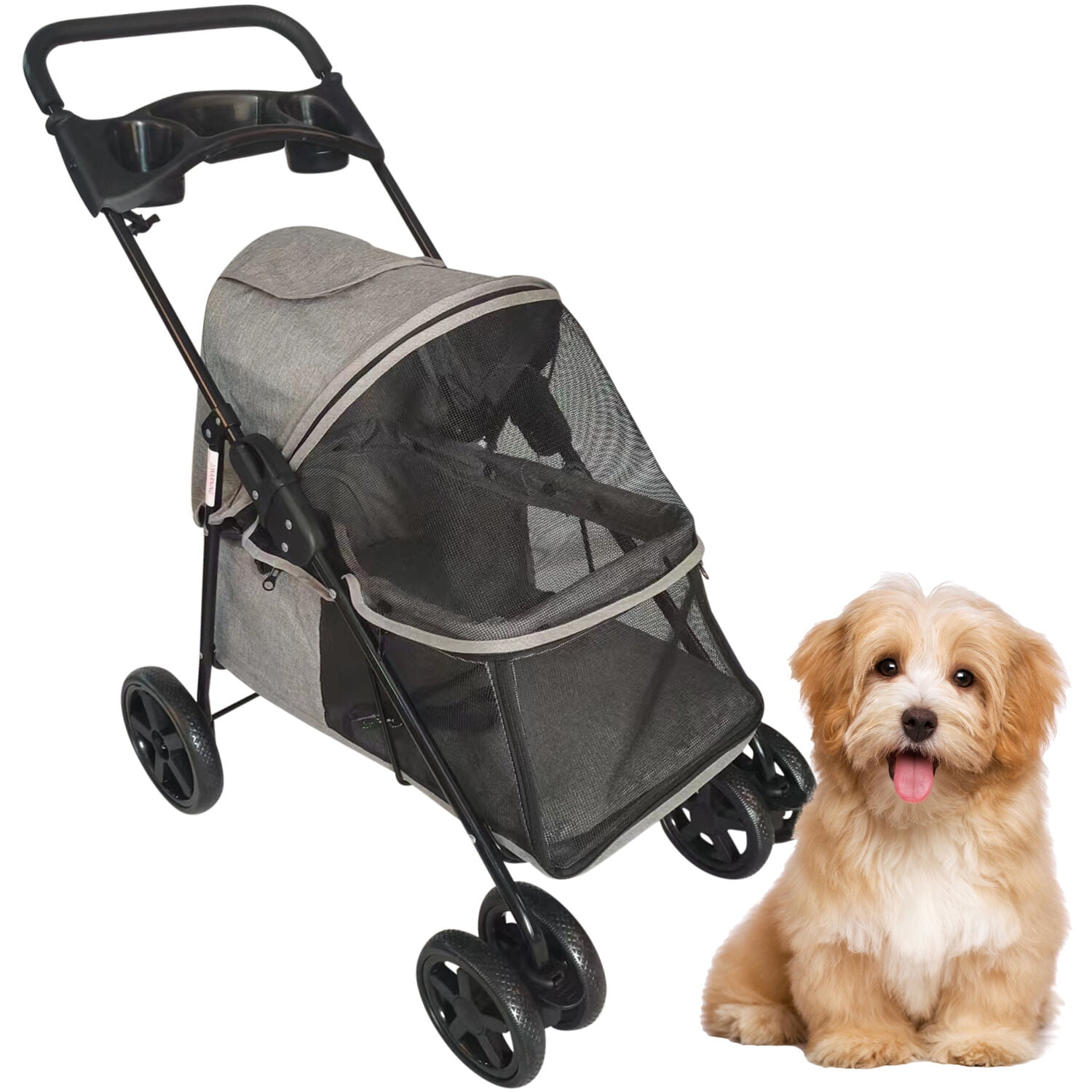 Foldable Gray Pet Stroller with Breathable Mesh for Small to Medium Dogs