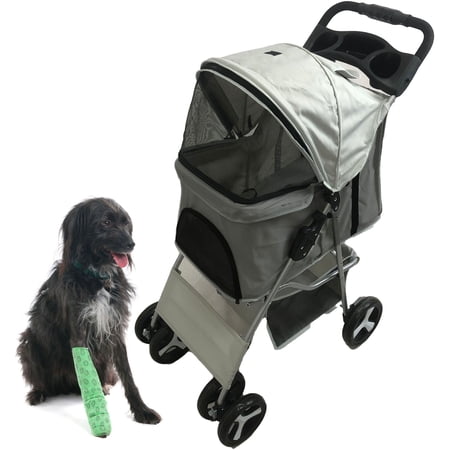Critter Sitters Light Grey 4-Wheel Pet Stroller for Medium Sized Dogs with Scratch Resistant Breathable Mesh Windows and Safety Leash