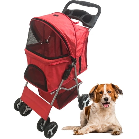 Critter Sitters Red 4-Wheel Pet Stroller for Animals with Scratch Resistant Breathable Mesh Windows and Safety Leash